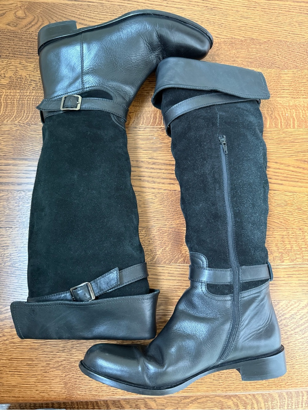 Sesto Meucci Black Leather & Suede Over-the-Knee Buckle Boots